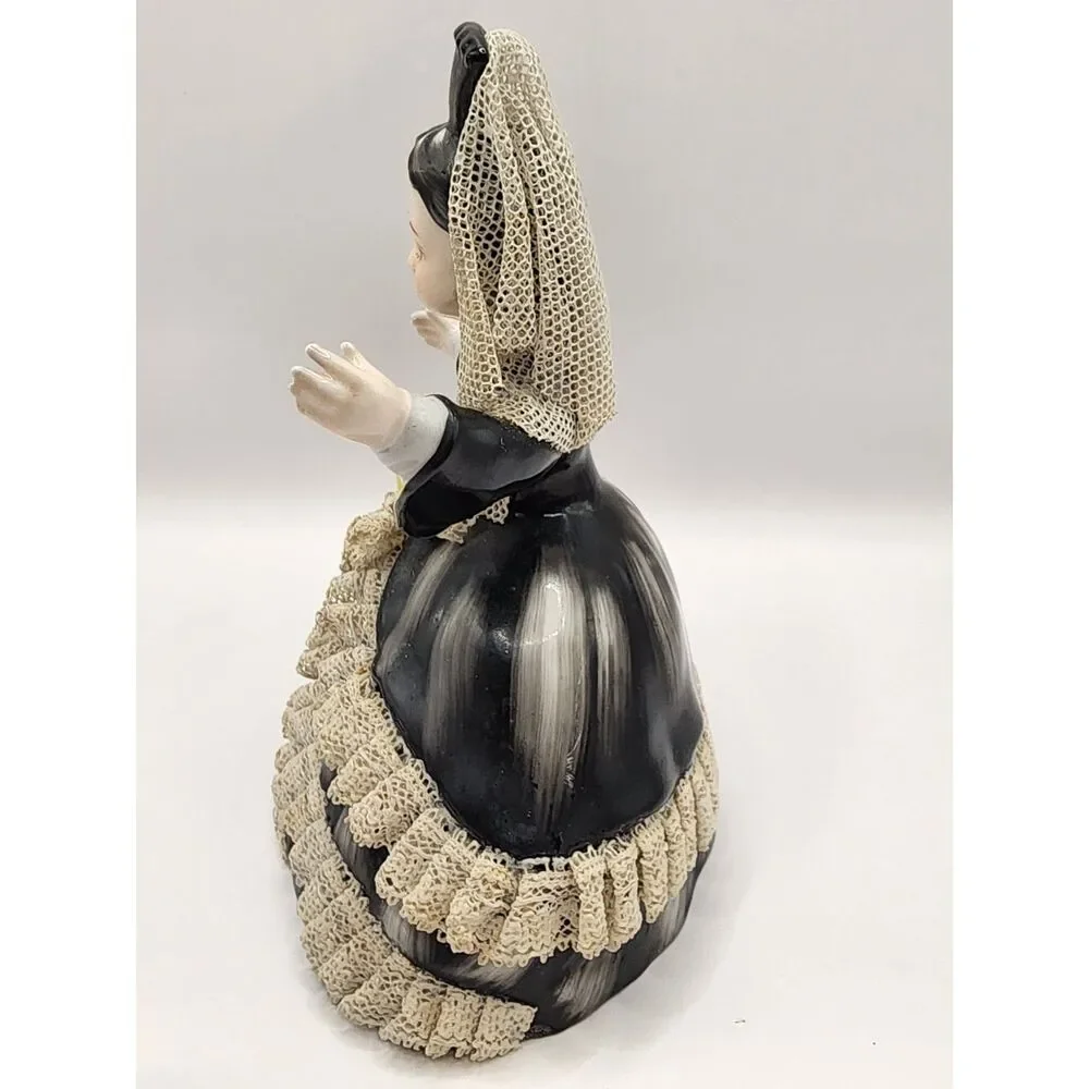 Vintage Porcelain Lace Lady Figurine Black Dress Flowers Purse Damaged Pinky